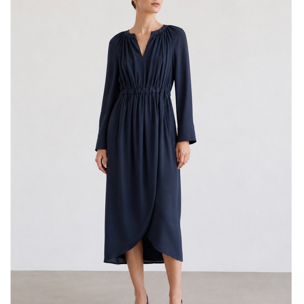 Co Navy Blue Draped Elastic Waist Tulip Midi Dress FW 2019 Japanese Fabric Small - Picture 9 of 9
